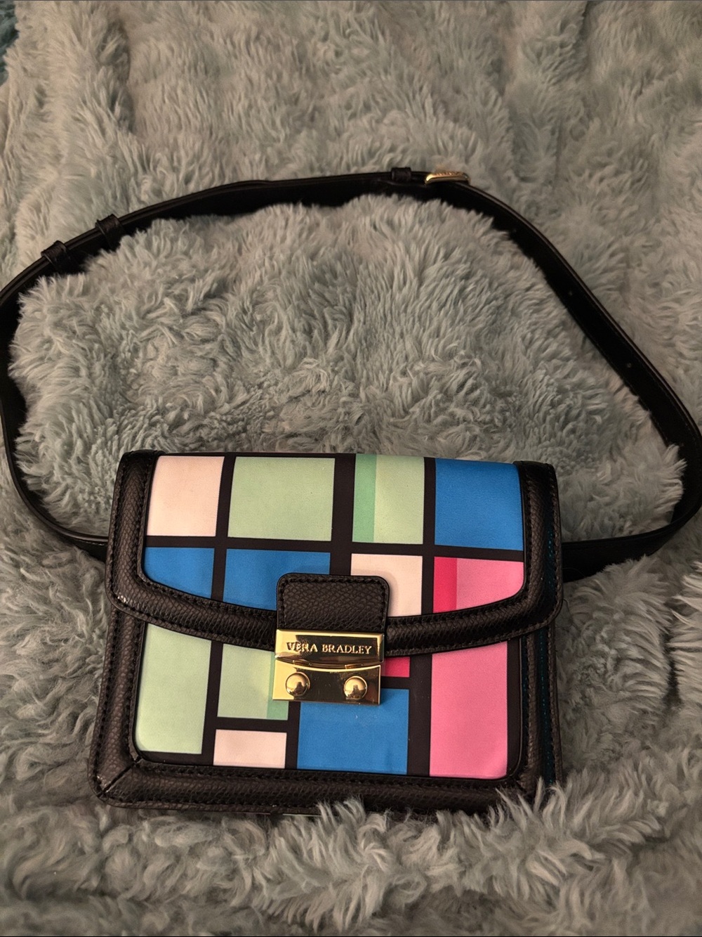 Vera Bradley Geometric Colorblock belt bag, blue, green, pink, black